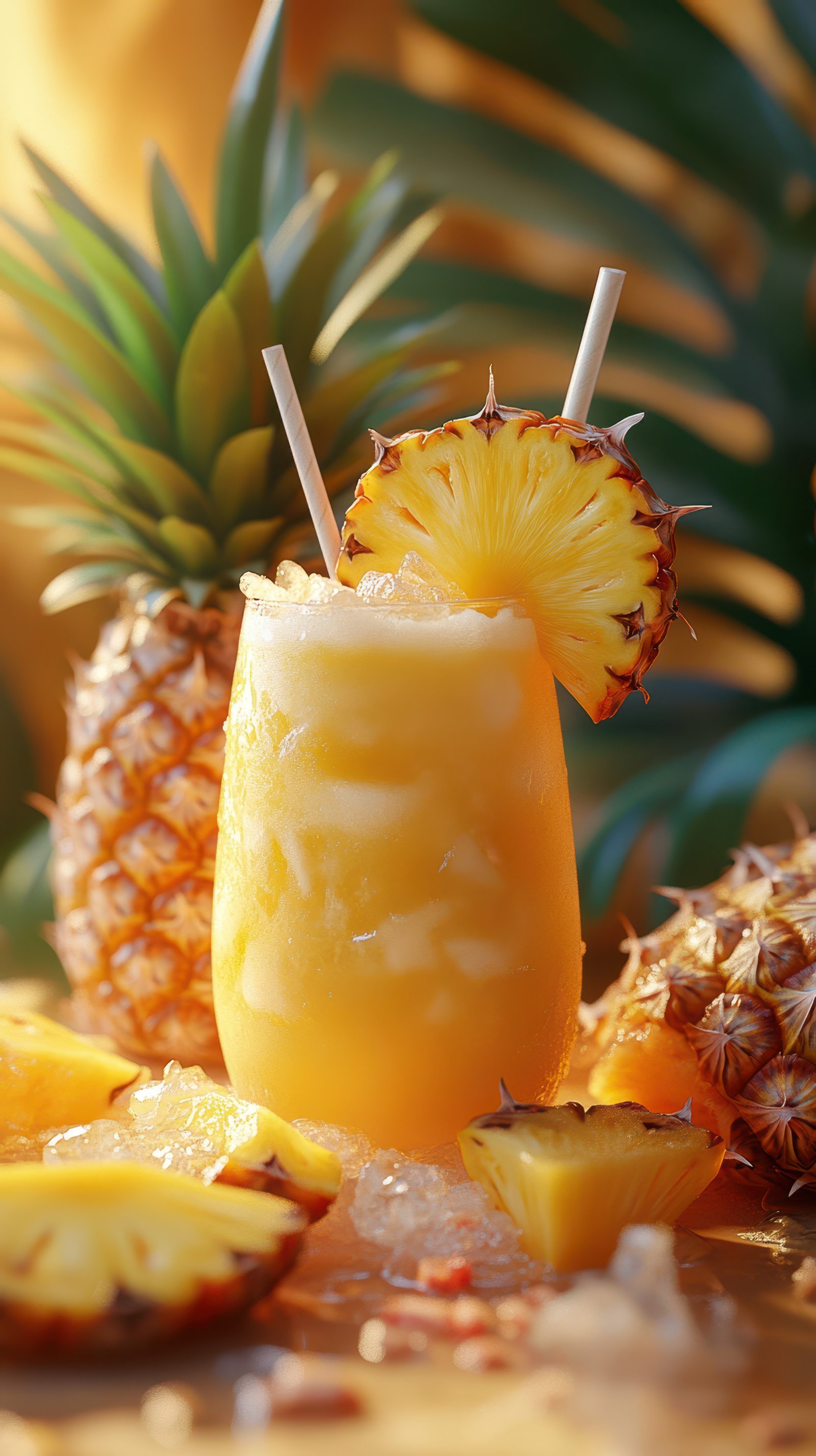 Refreshing tropical beverage garnished with pineapple served outdoors during a sunny day